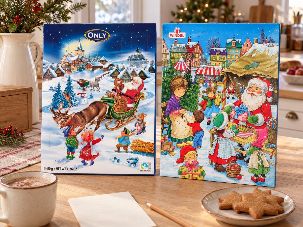 Čokoládové adventní kalendáře Only 50 g a Windel 75 g na kuchyňském stole při výběru kalendáře pro děti