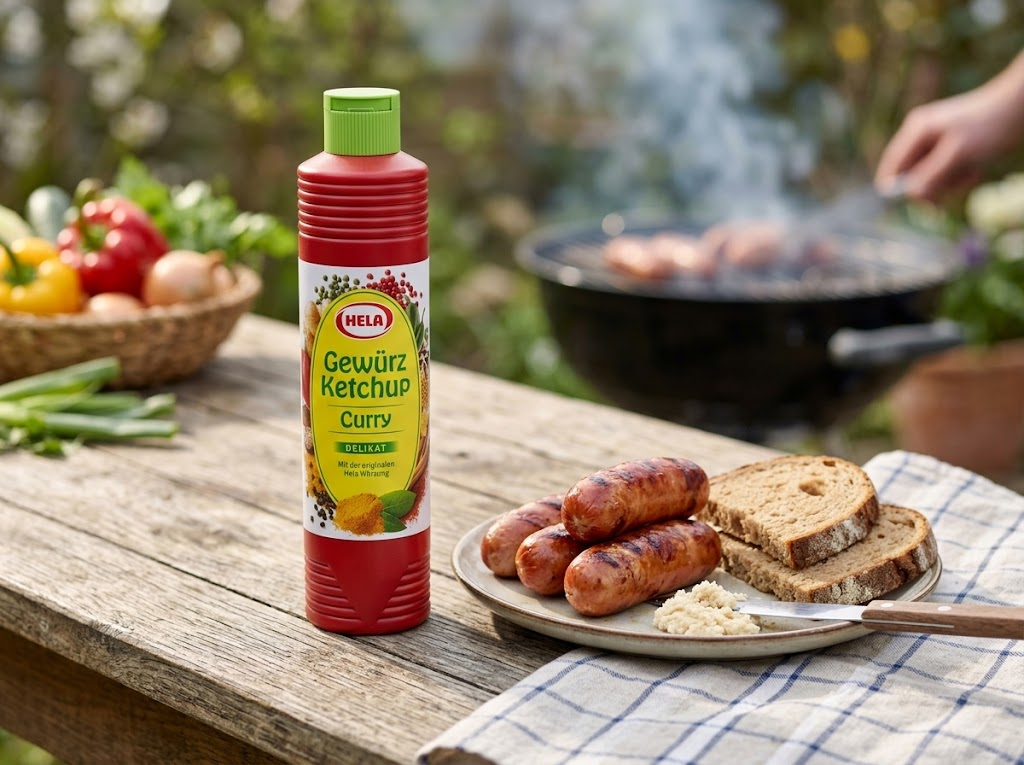 Barbecue omáčka a kečup Hela na stole pro první grilování