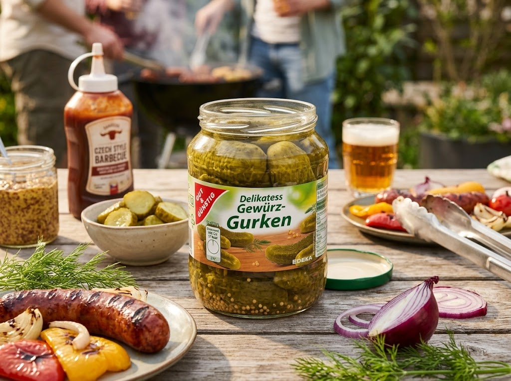 Nakládané okurky a grilovací doplňky na stole
