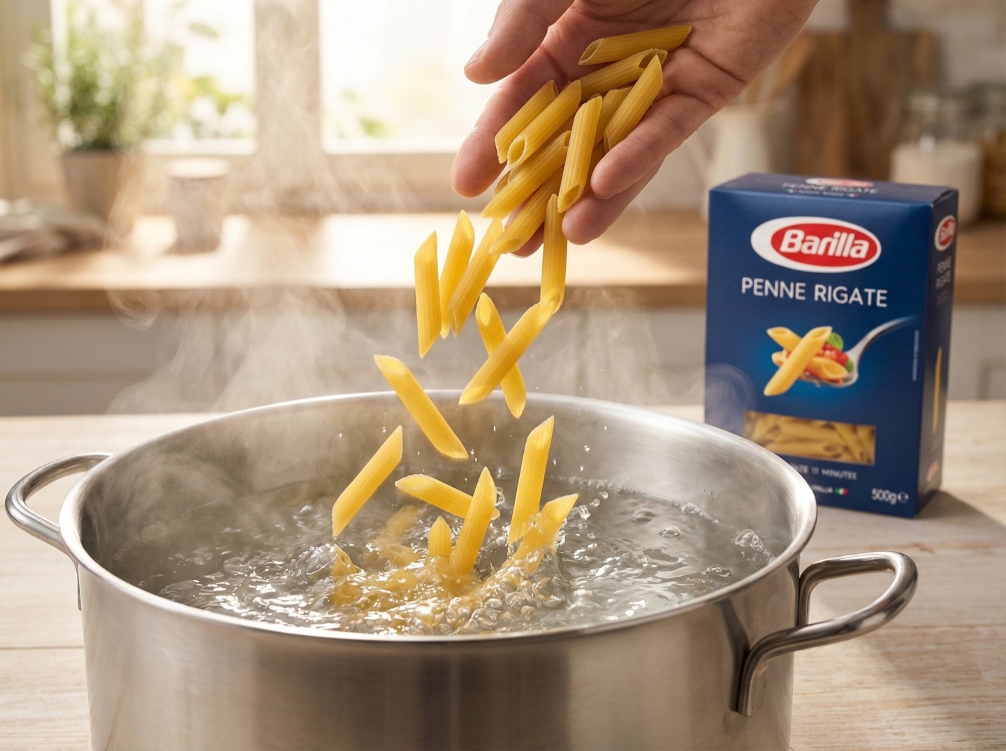 Barilla Penne Rigate se sypou do hrnce s vařící vodou