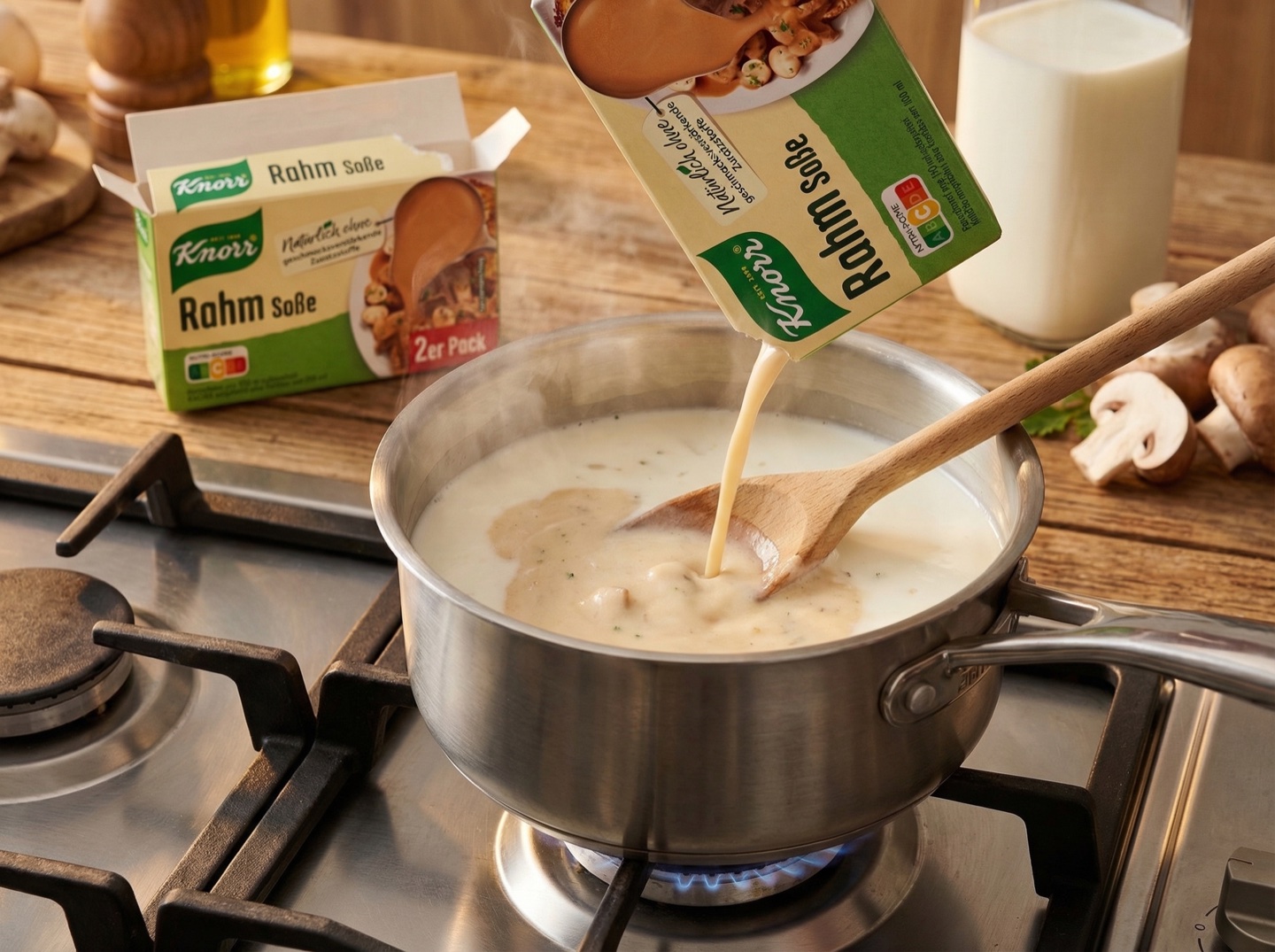 Příprava Knorr smetanové omáčky v kastrůlku