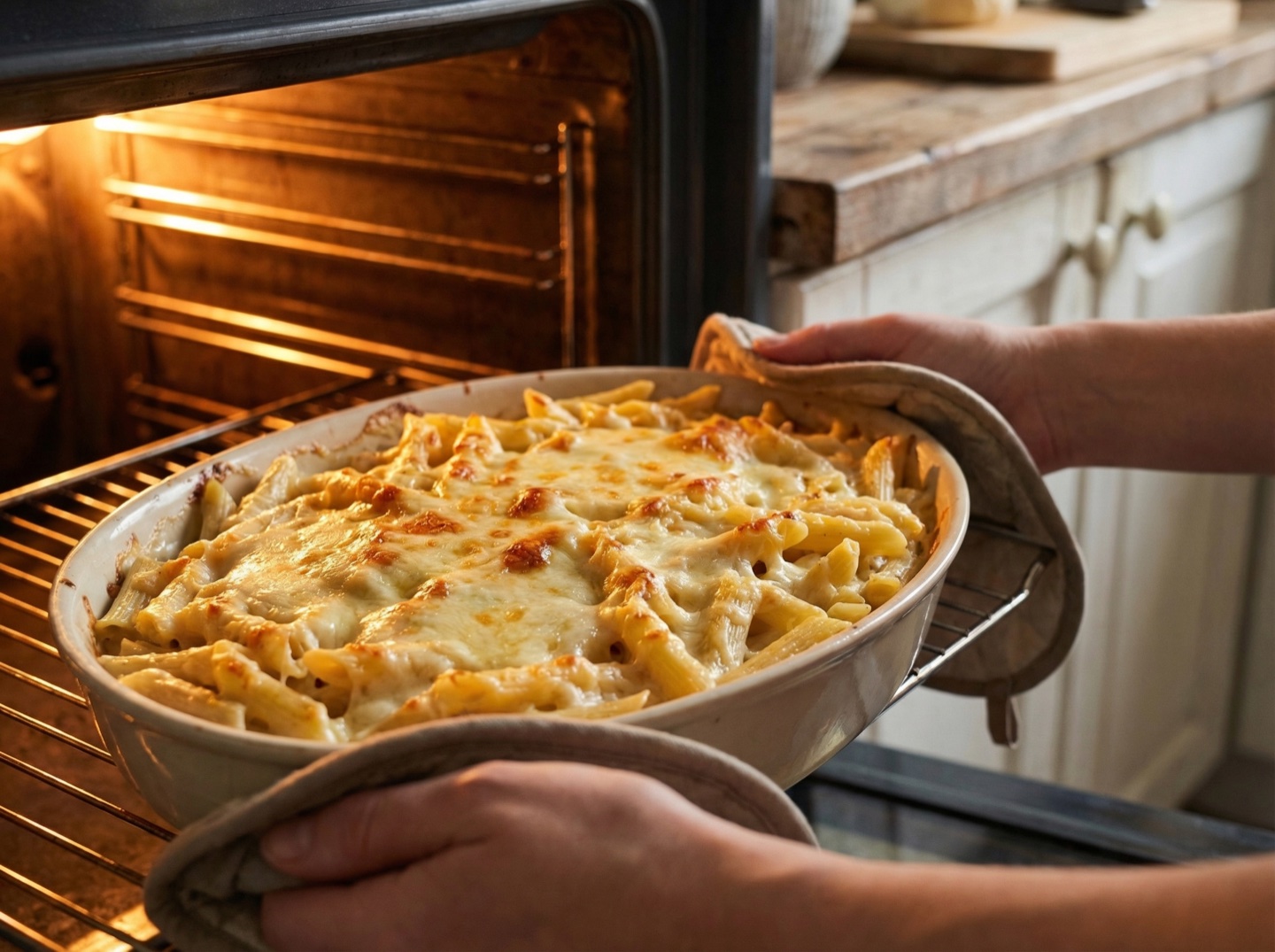 Zapékací mísa s těstovinami jde do rozehřáté trouby
