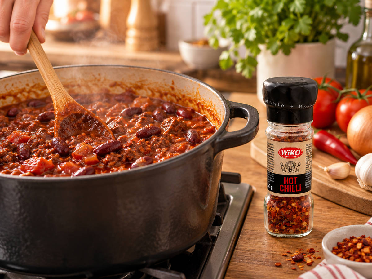 Dušení chilli con carne v hrnci s mlýnkem Wiko Chilli ostré