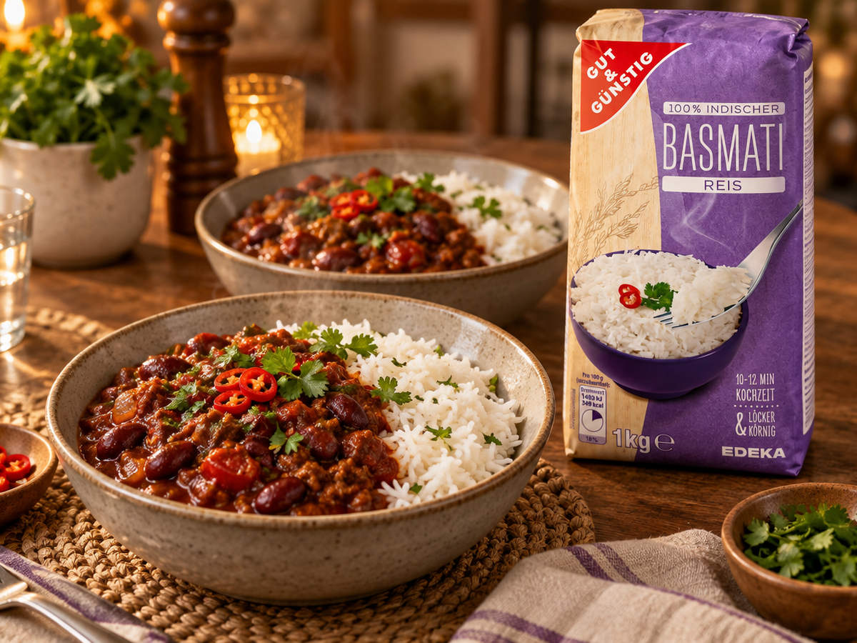 Hotové chilli con carne s rýží Basmati G&G a viditelným balením rýže