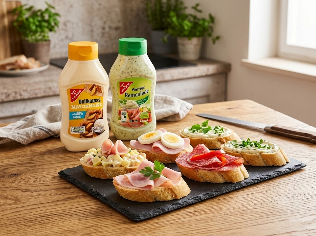 Jarní chlebíčky s majonézou a remuládou na stole