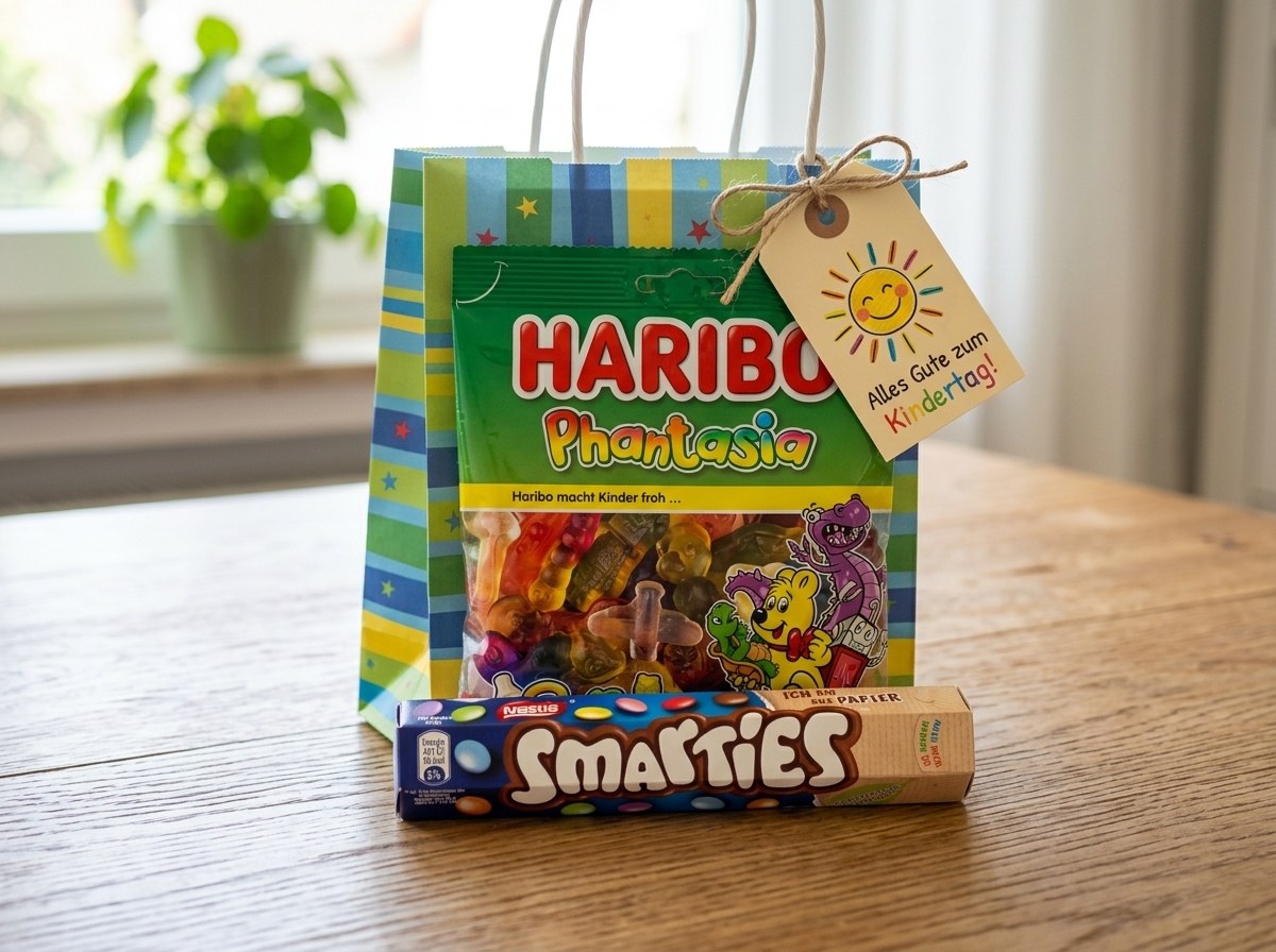 Barevný balíček sladkostí ke Dni dětí s bonbony a sušenkami