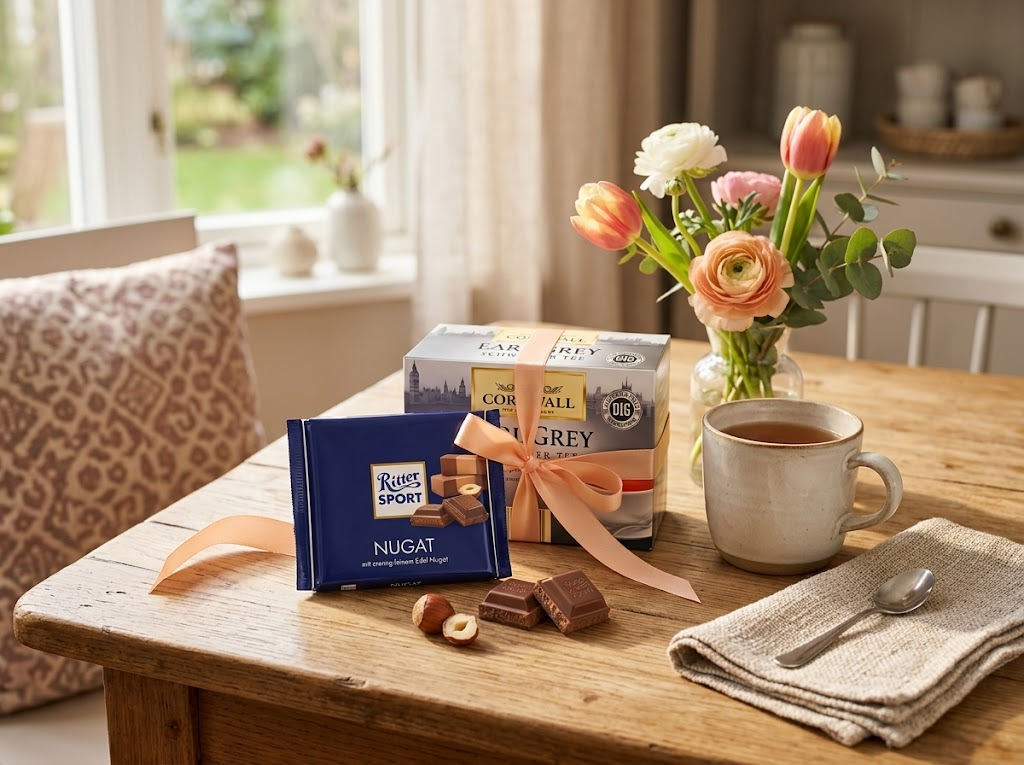 Dárek ke Dni matek s čokoládou a přáním na stole