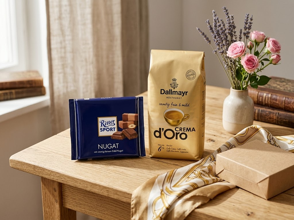 Maminka si užívá čaj a čokoládu jako dárek