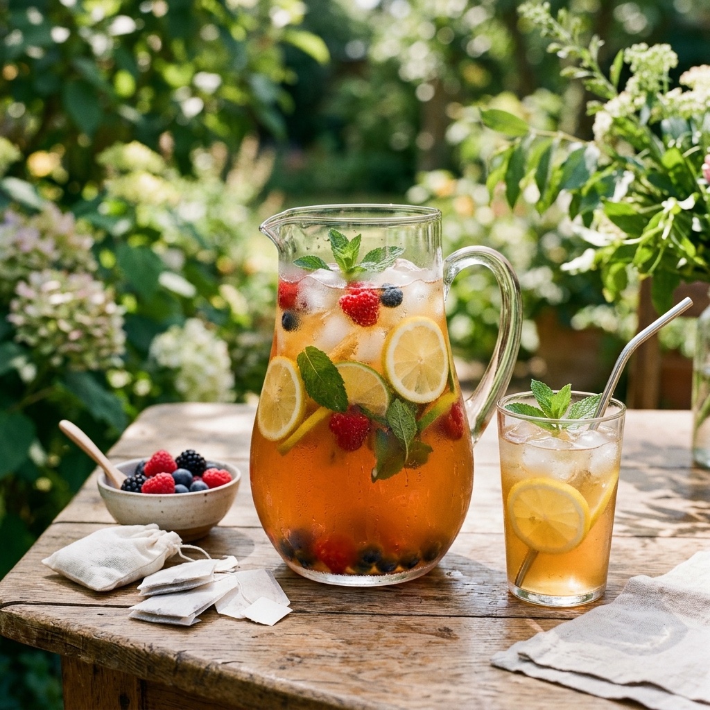 Domácí ovocná limonáda z vychlazeného čaje s ovocem