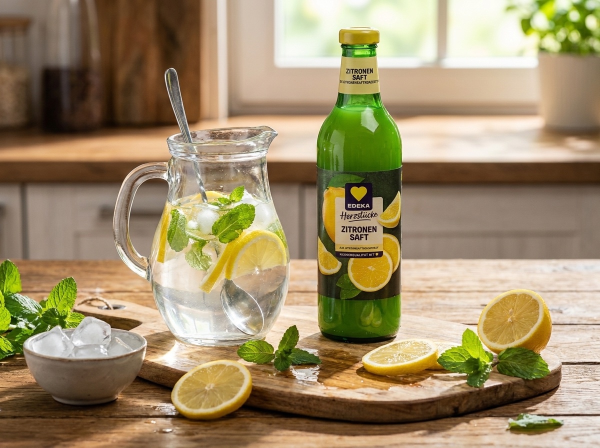 Příprava domácí citronové limonády s Edeka citronovou šťávou, mátou a ledem