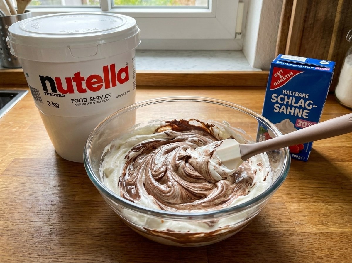 Míchání domácí zmrzliny s Nutellou a smetanou