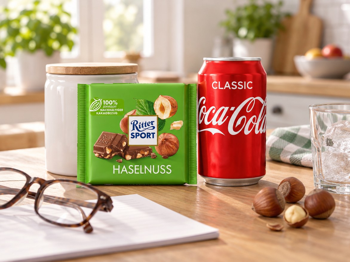Čokoláda Ritter Sport Haselnuss a plechovka Coca-Cola Classic z Německa na kuchyňském stole při čtení složení