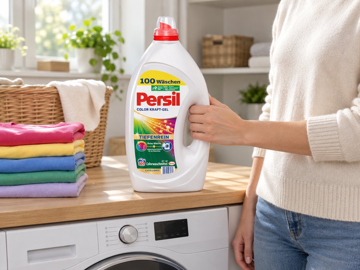 Prací gel Persil Color Kraft-Gel Tiefenrein z Německa na pracovní desce v prádelně nad pračkou