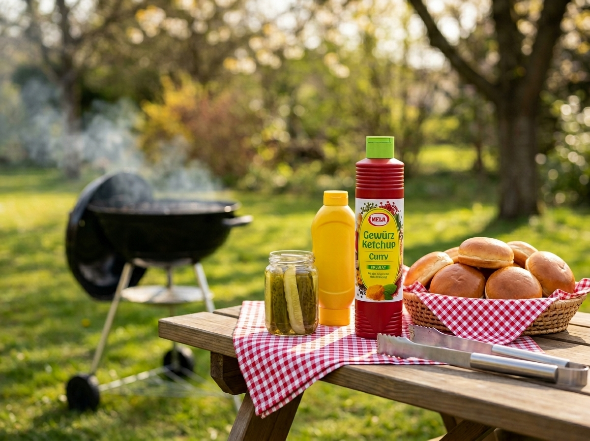 Základ na první grilování — kečup, pečivo a doplňky