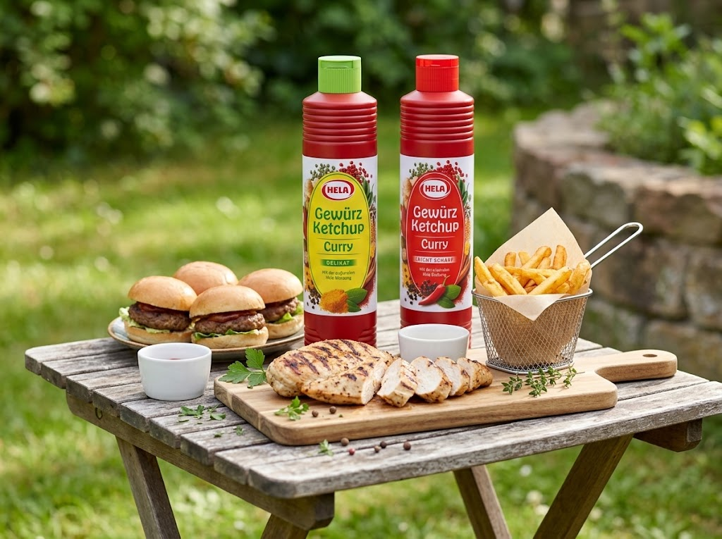 Hela curry kečupy u grilovaného masa a burgerů