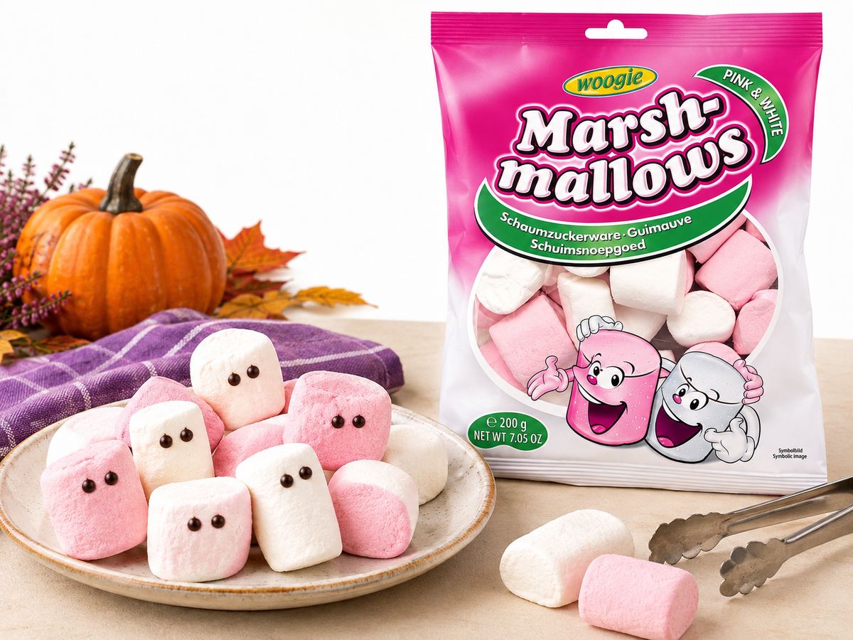 Woogie Pink & White s marshmallow příšerkami ozdobenými čokoládovými tečkami na halloweenském stole