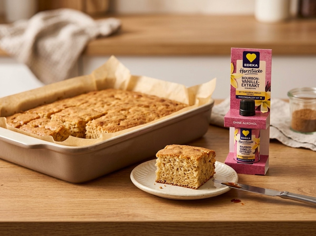 Vychladlý jablečný koláč nakrájený na porce, v pozadí Bourbon vanilkový extrakt Edeka