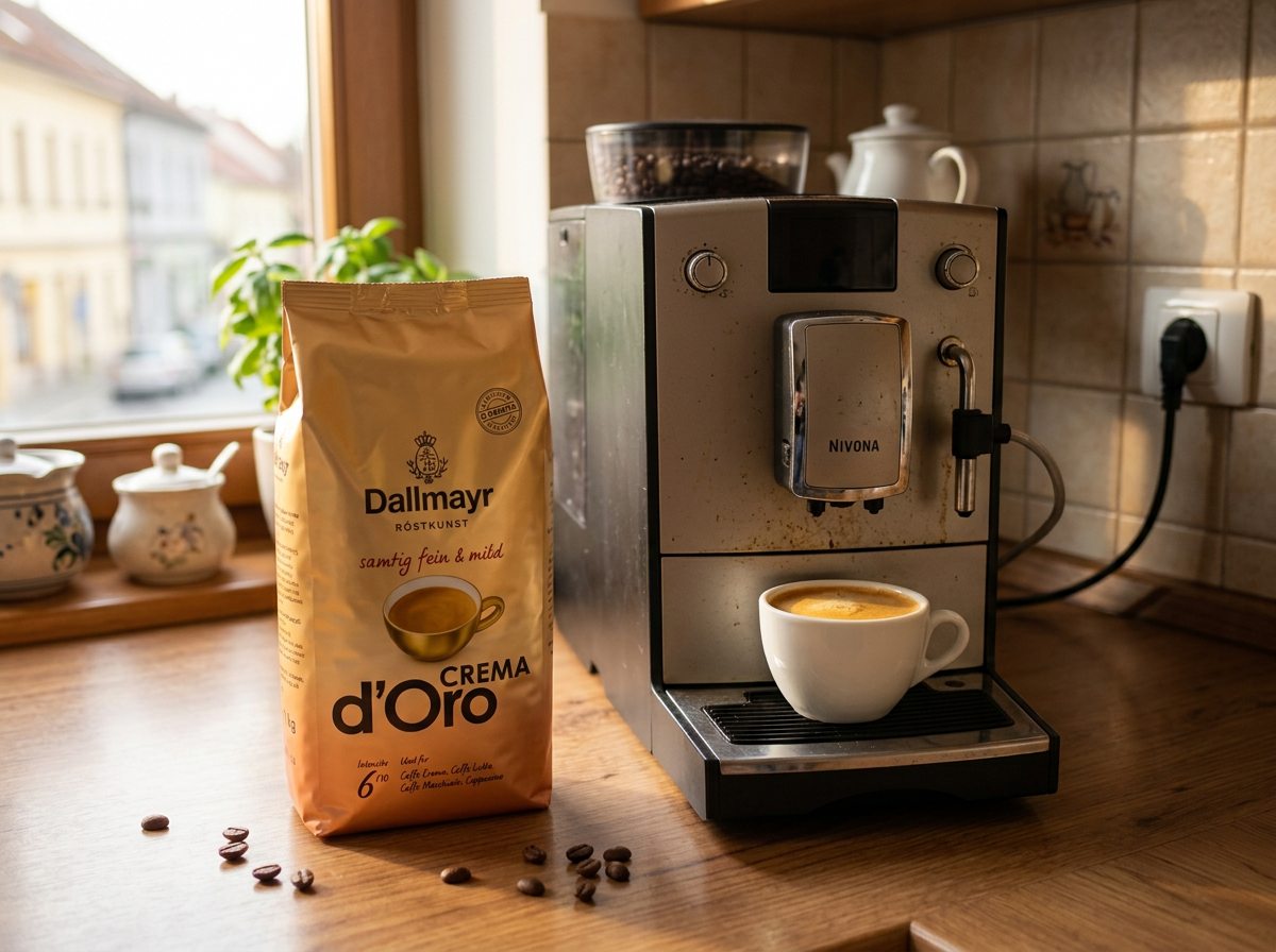 Dallmayr Crema d'Oro vedle domácího automatického kávovaru