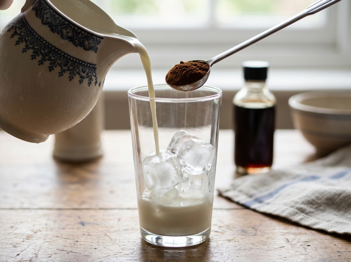 Příprava domácí ledové kávy frappé s mlékem a ledem