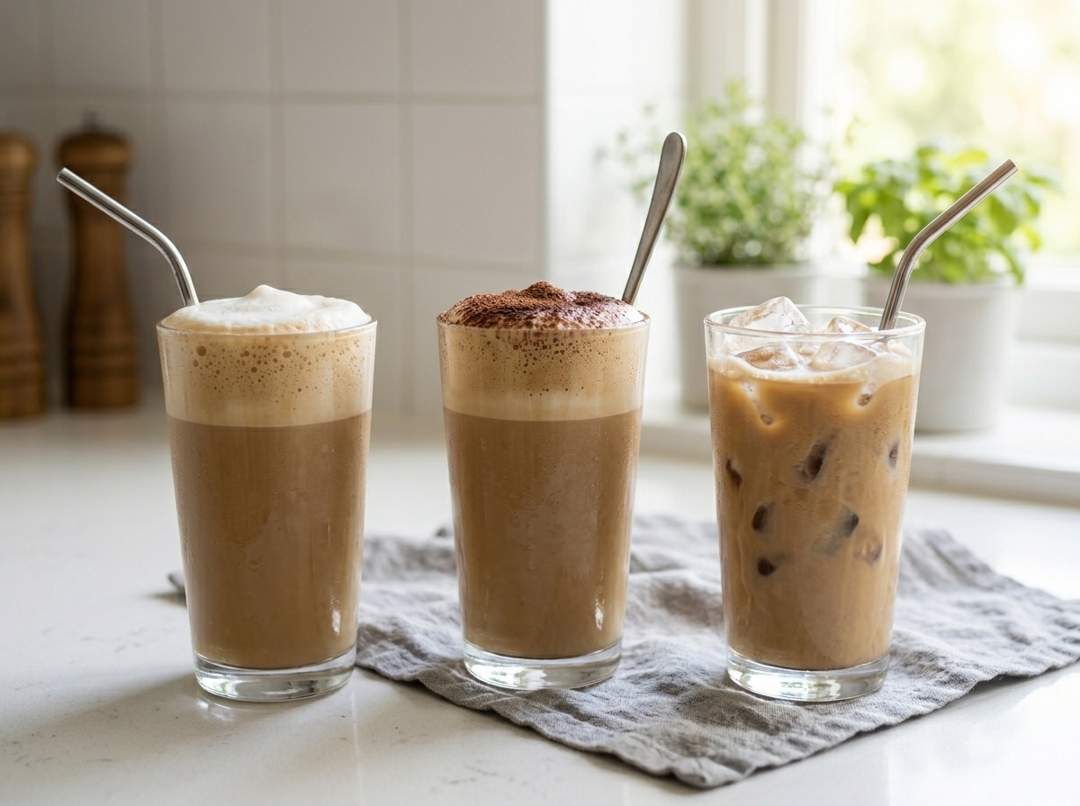 Tři varianty domácí ledové kávy frappé