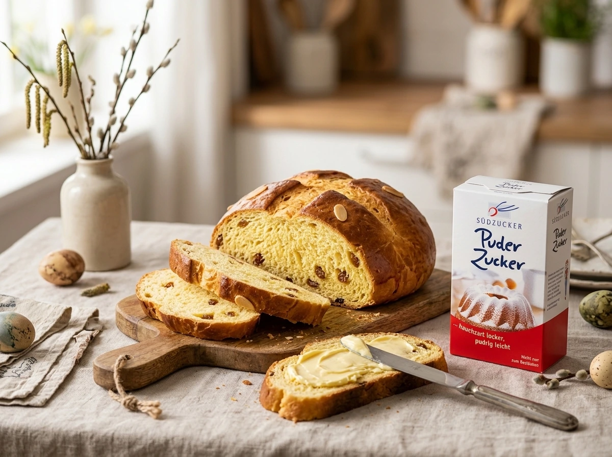 Upečený mazanec na mřížce — zlatavý, voňavý, s křížem nahoře