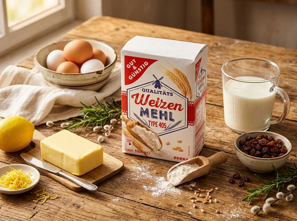 Suroviny na mazanec — mouka, vajíčka, máslo, vanilinový cukr