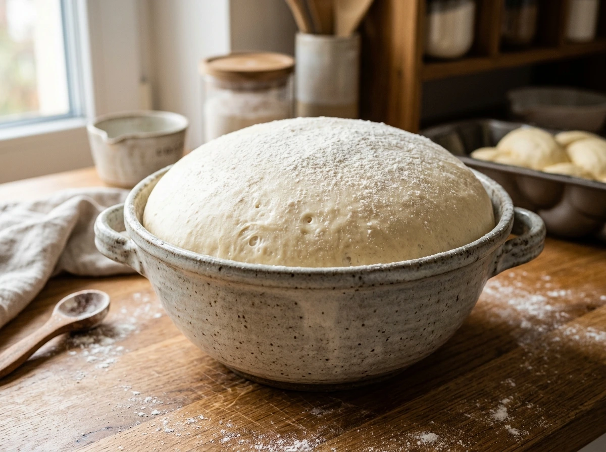 Kynuté těsto na mazanec po nakynutí — nadýchané a připravené k tvarování