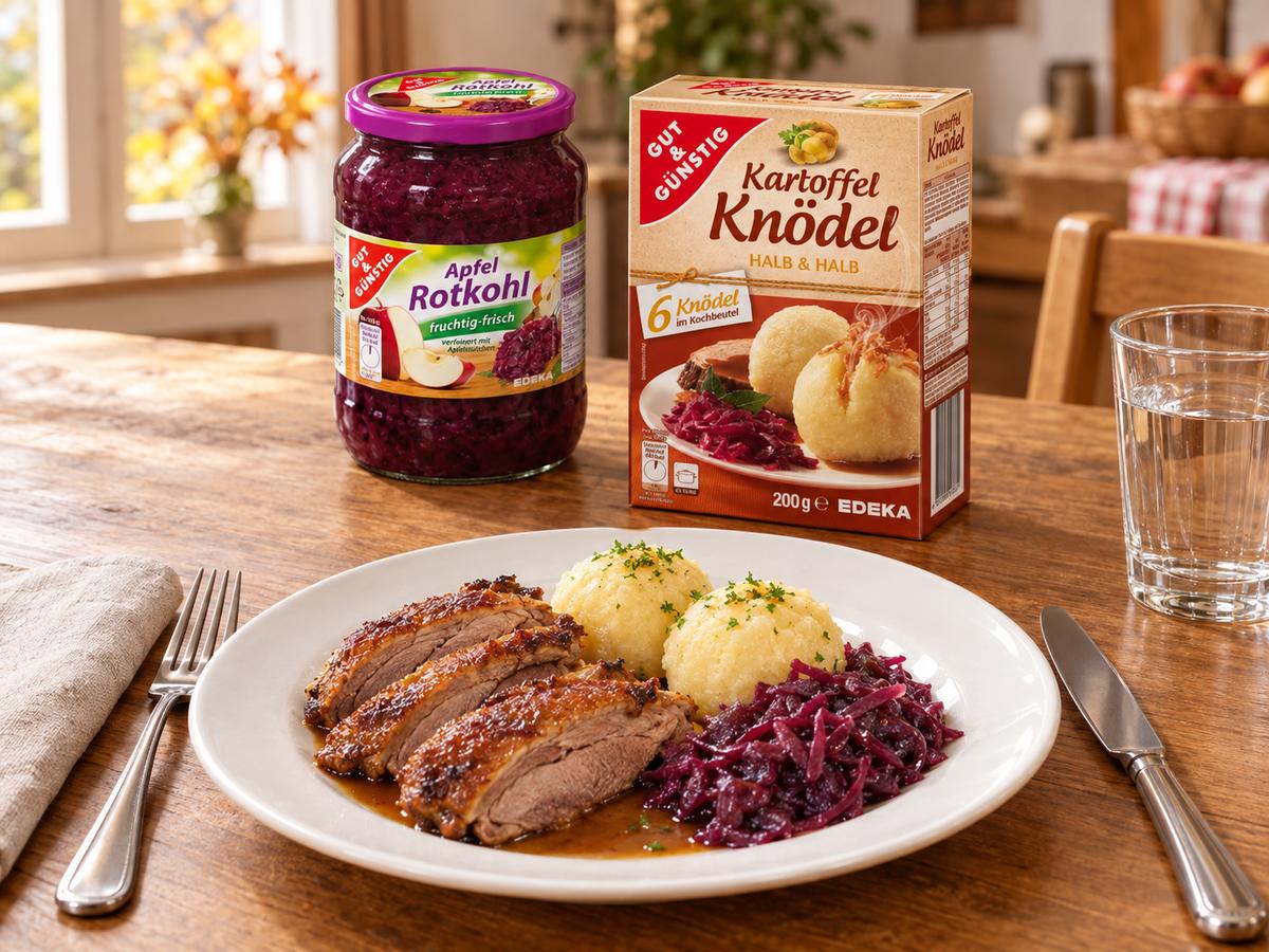 Talíř s pečenou kachnou, bramborovým knedlíkem a červeným zelím, za ním G&G červené zelí s jablkem 680 g a G&G bramborové knedlíky