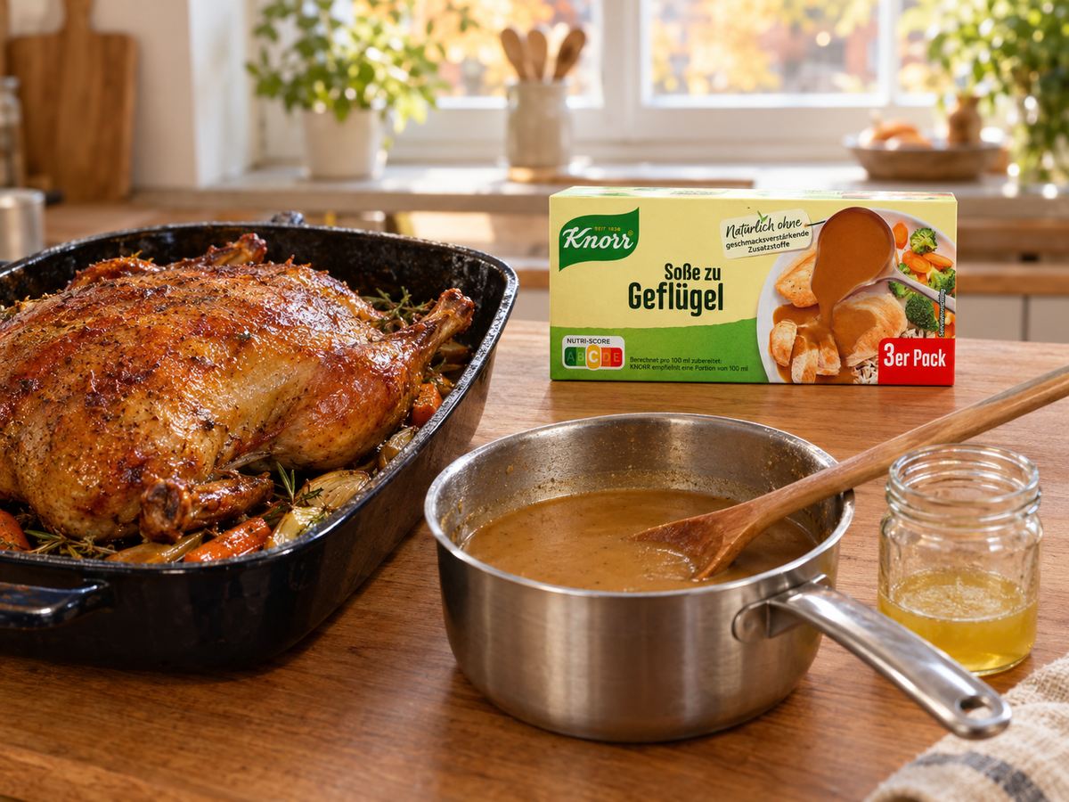 Pečená kachna v pekáči, omáčka z výpeku v rendlíku a Knorr drůbeží omáčka v balení po třech sáčcích