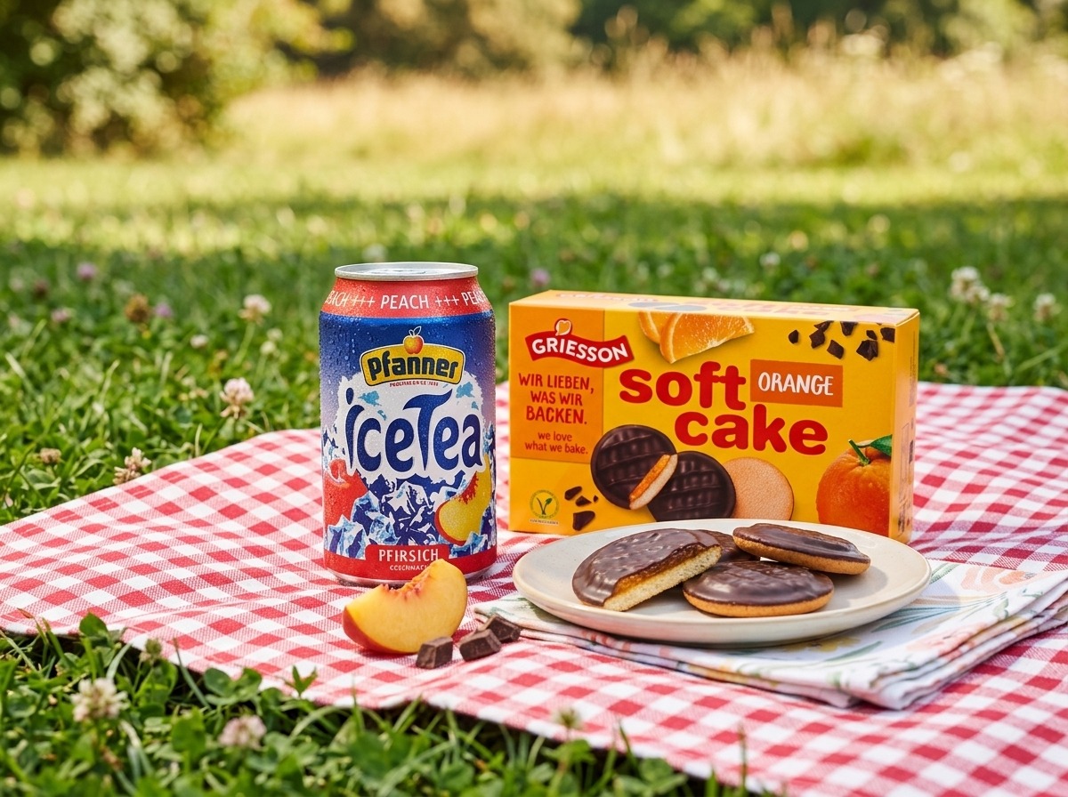 Pfanner ledový čaj a sladkosti připravené na piknik