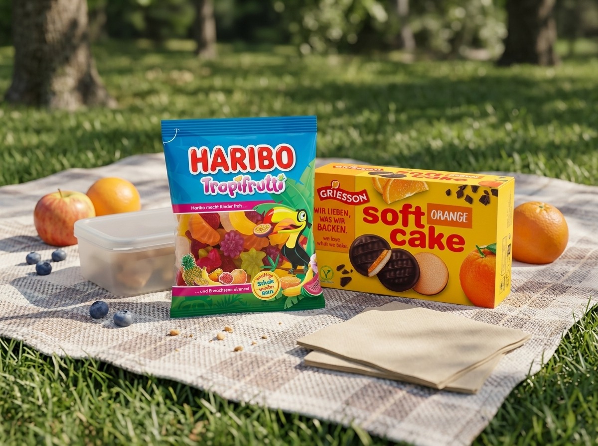 Haribo Tropifrutti a Soft Cake sušenky jako sladká výbava na piknik