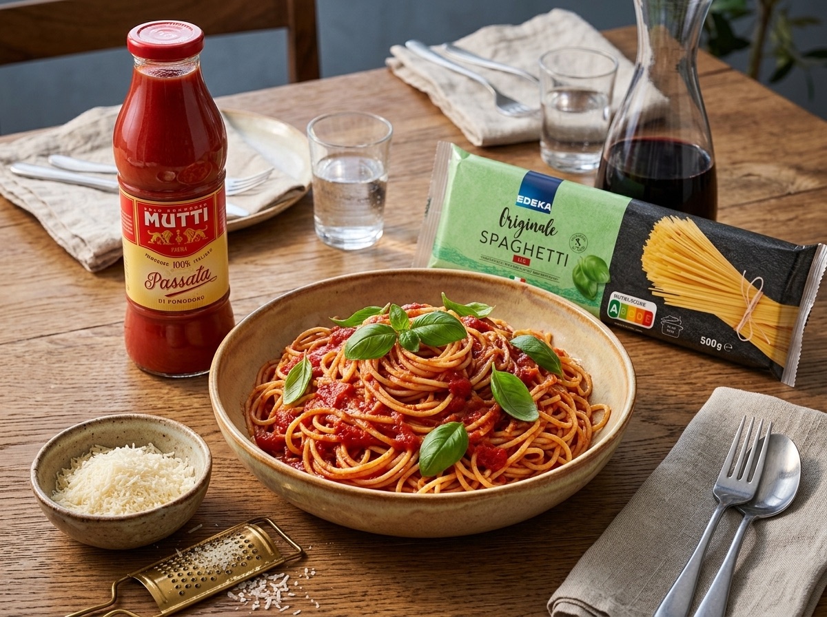 Servírované špagety s rajčatovou omáčkou, Mutti Passatou a Edeka Italia spaghetti