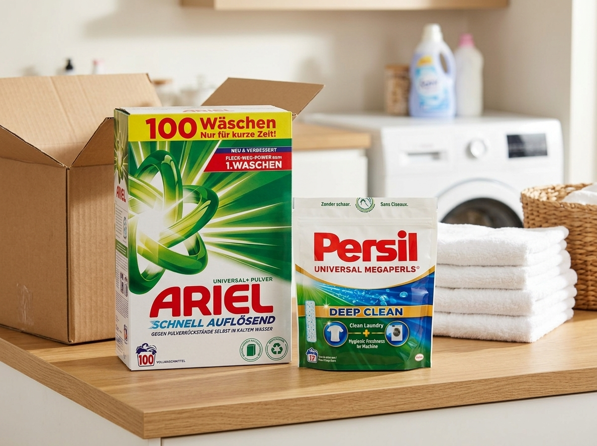 Ariel Universal a Persil Universal Megaperls jako dostupné německé prací prášky