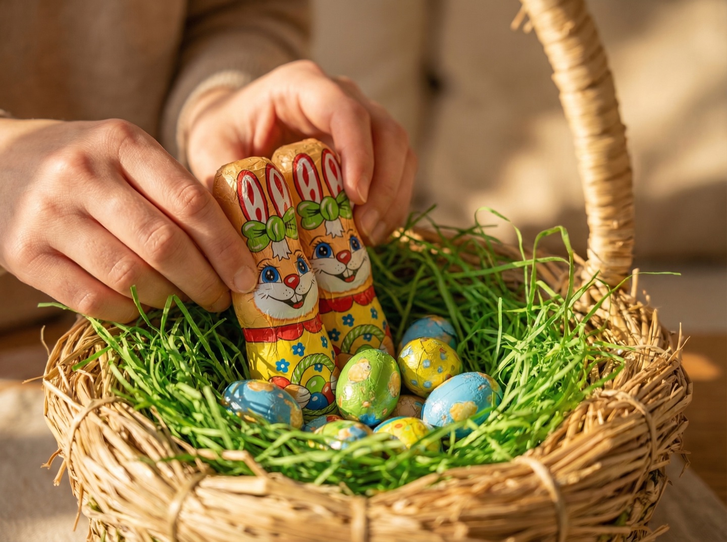 Sestavování velikonočního košíku s německými čokoládami