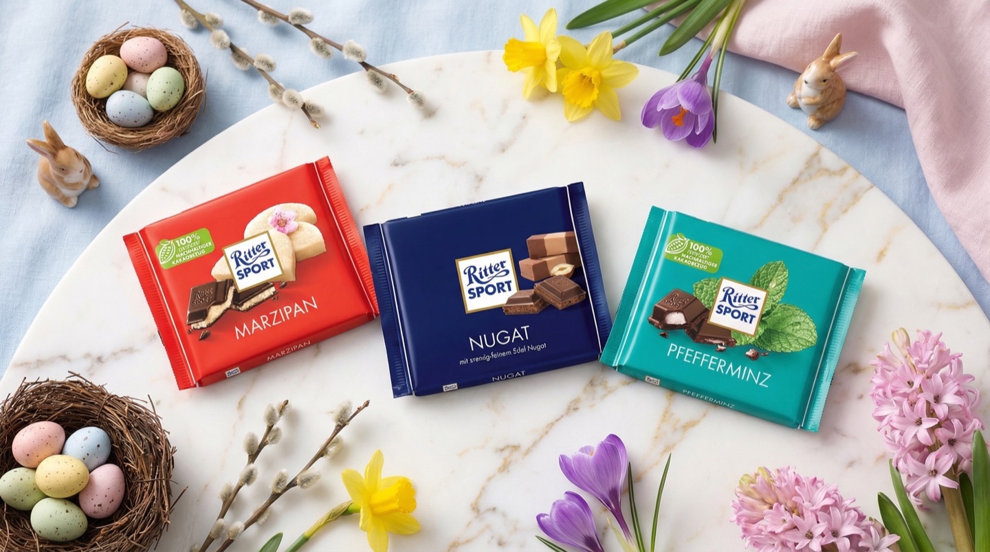 Ritter Sport čokoláda — marcipán, nugát a peprmint do velikonočního košíku