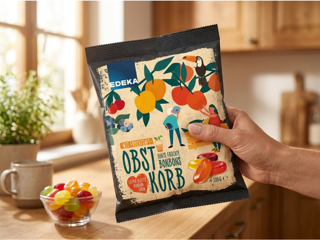 Edeka Pestré ovocné bonbony - bonbon v ruce