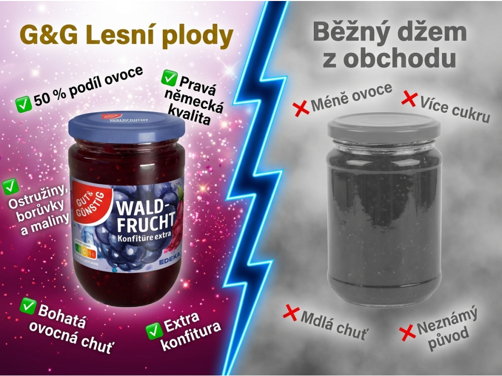 Srovnání G&G džemu lesní plody s běžným džemem z obchodu