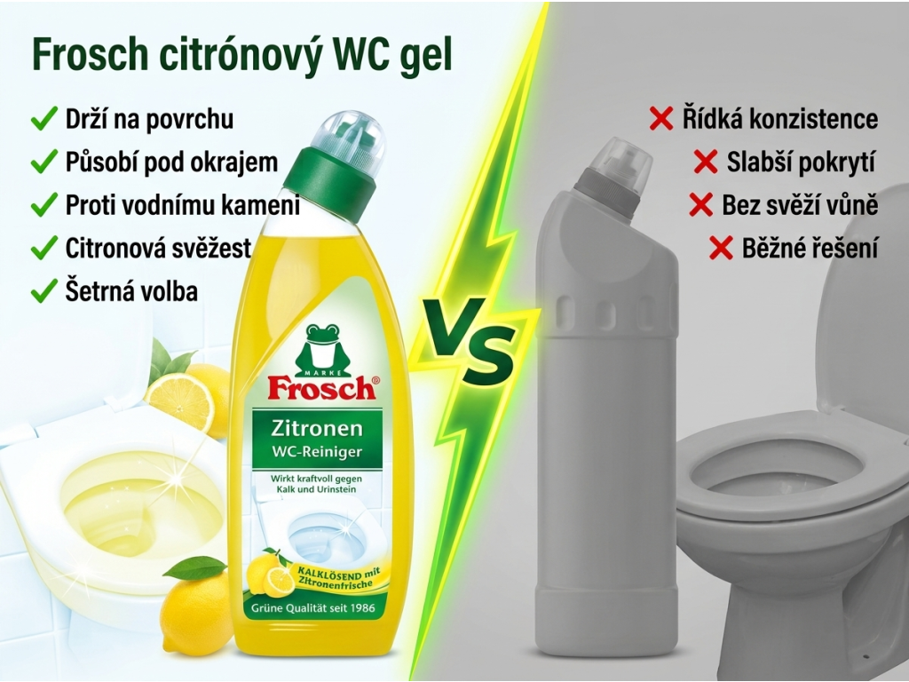 Srovnání Frosch citrónového WC gelu s běžným čističem