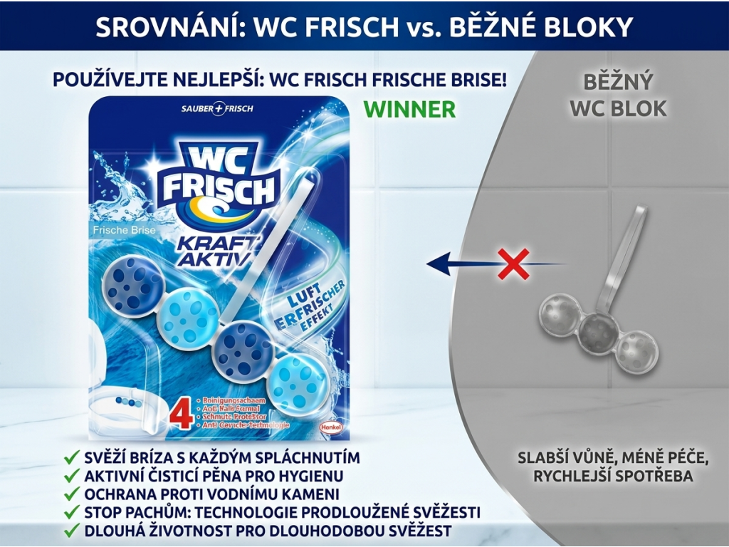 Srovnání WC Frisch Frische Brise s běžným WC blokem
