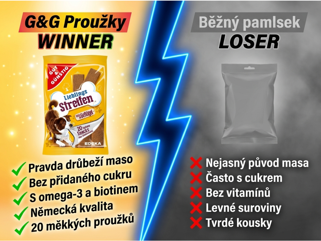 Srovnání G&G proužků s běžným pamlskem