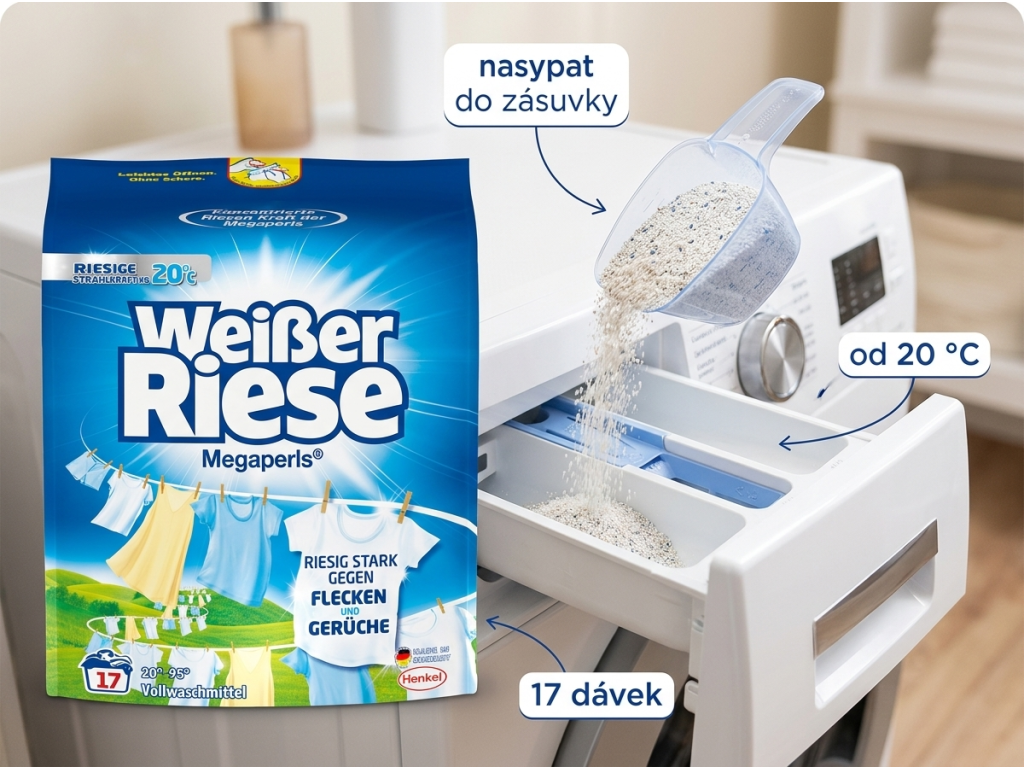 Dávkování pracího prášku Weisser Riese Megaperls