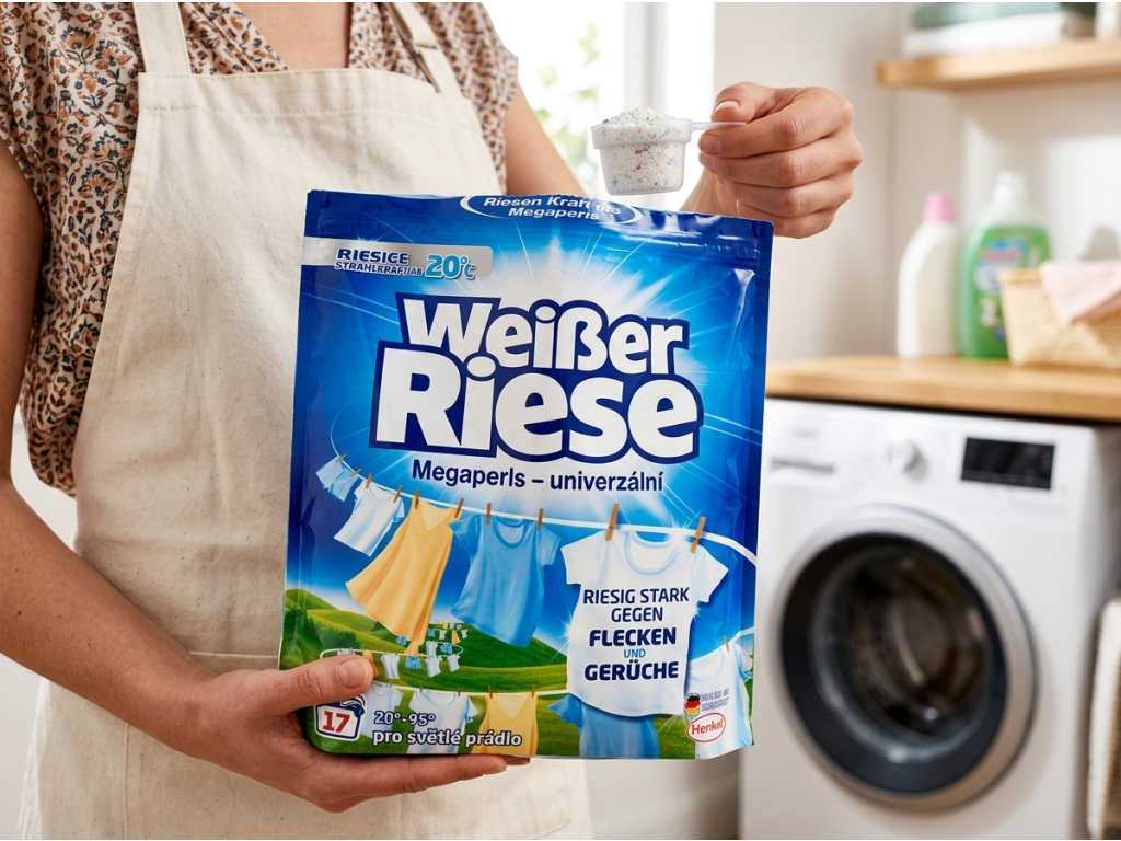Weisser Riese Megaperls balení a odměrka v ruce