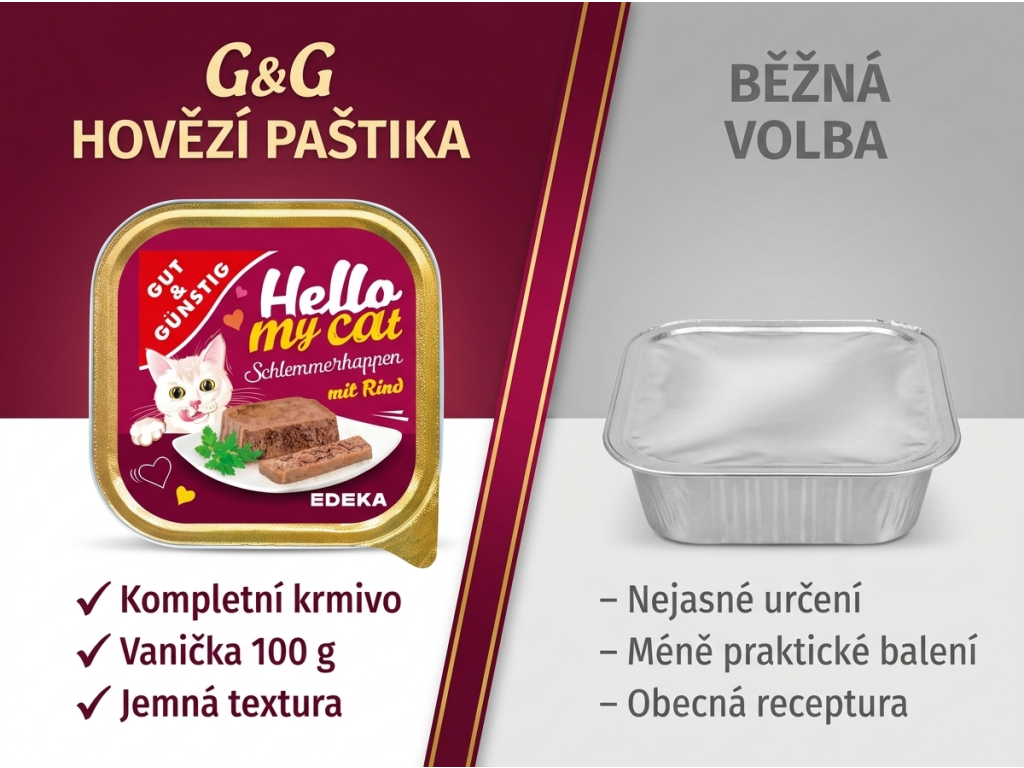 Srovnání G&G hovězí paštiky s běžným krmivem