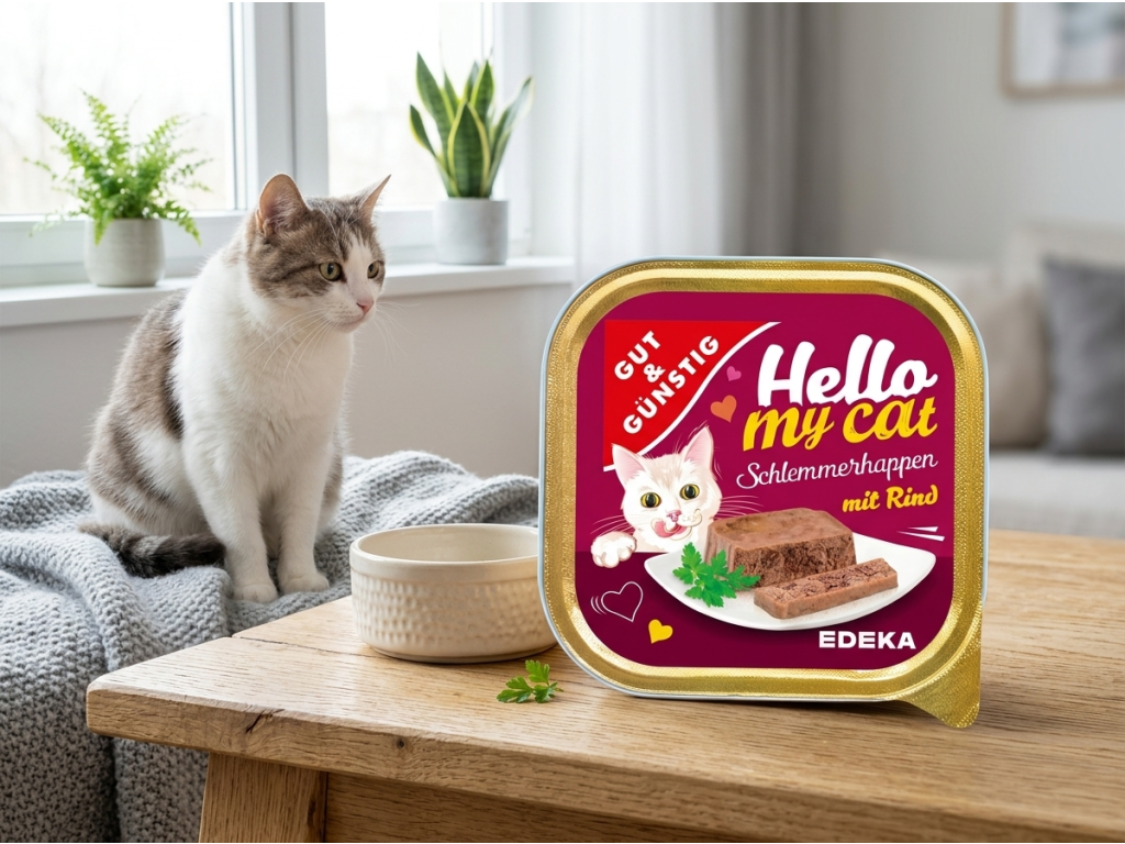 G&G hovězí paštika vedle misky pro kočku