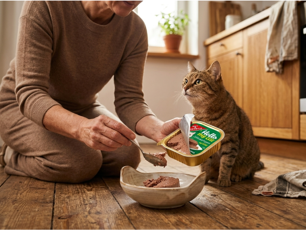 Podávání G&G Hello my cat paštiky se zvěřinou kočce