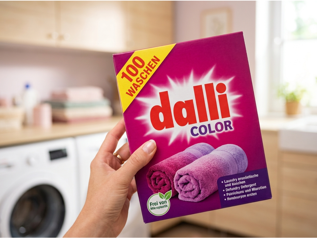Dalli Color prací prášek držený v ruce