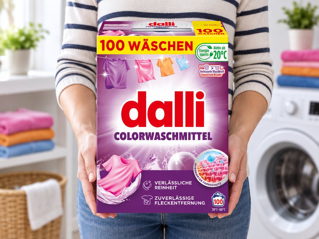 Nový fialový karton Dalli Color 5 kg držený v rukou