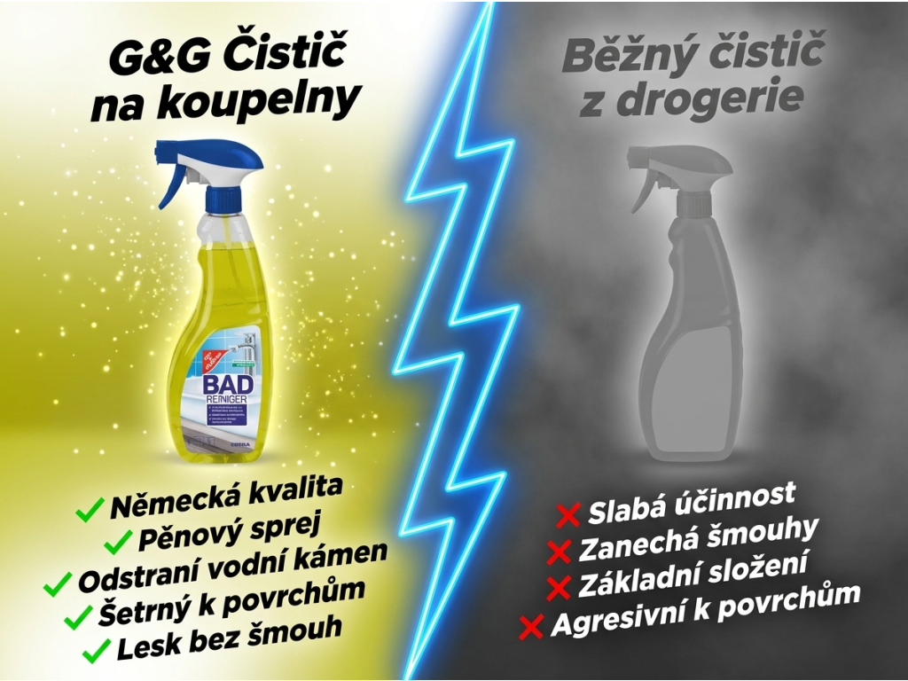 Srovnání G&G čističe na koupelny s běžným čističem