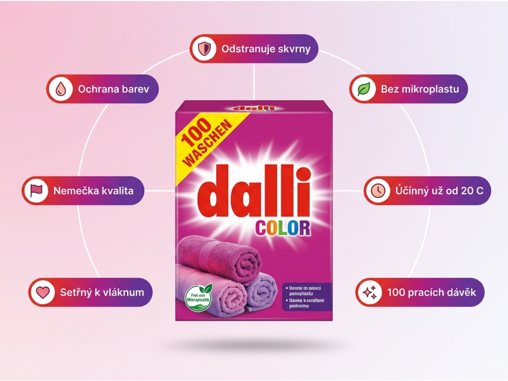 Dalli Color prací prášek - infografika hlavních výhod