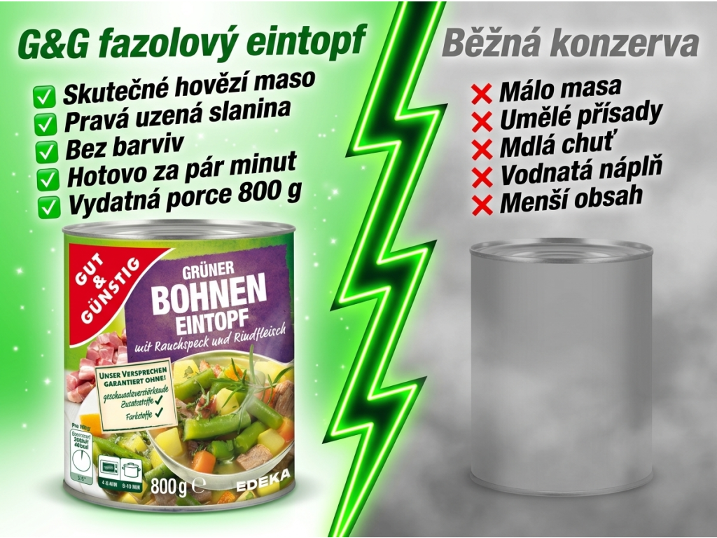 Srovnání G&G fazolového eintopfu s běžnou konzervou